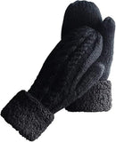 Black Thick Fleece Lined Insulated Mittens for Women, Crochet Knit Design with Inner Fleece Lining, Button Fastening Stretchy Fit for Cold Weather