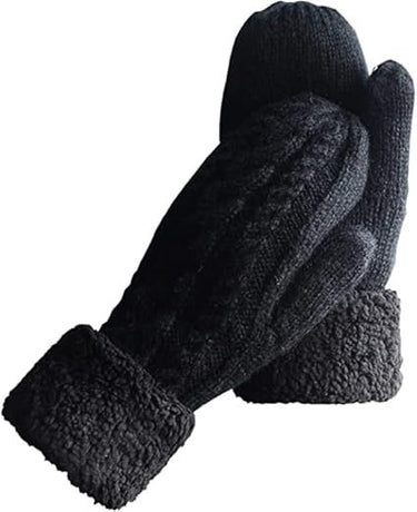 Black Thick Fleece Lined Insulated Mittens for Women, Crochet Knit Design with Inner Fleece Lining, Button Fastening Stretchy Fit for Cold Weather