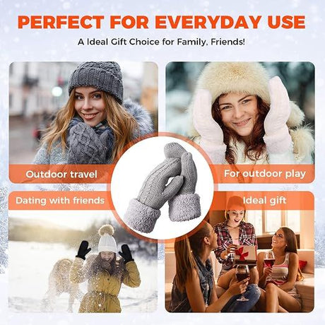 Black Thick Fleece Lined Insulated Mittens for Women, Crochet Knit Design with Inner Fleece Lining, Button Fastening Stretchy Fit for Cold Weather