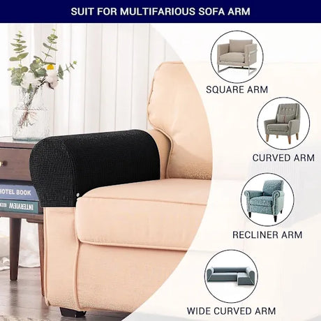Black Stretch Spandex Armrest Covers Set of 2 for Sofa Armchair Recliner, Soft Flexible Furniture Protectors Against Stains and Scratches with Machine Washable Care