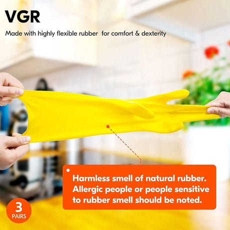 Yellow Rubber Cleaning Gloves 3 Pairs Size L, Waterproof Reusable with Non-Slip Granulated Palm, Soft Cotton Velvet Lining for Kitchen Bathroom and Car Washing