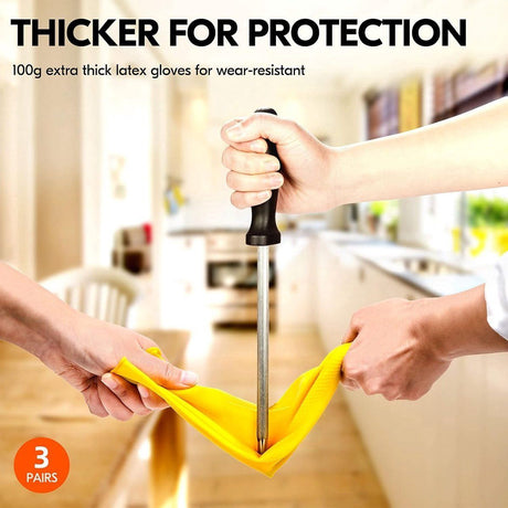 Yellow Rubber Cleaning Gloves 3 Pairs Size L, Waterproof Reusable with Non-Slip Granulated Palm, Soft Cotton Velvet Lining for Kitchen Bathroom and Car Washing