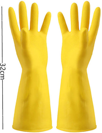 Yellow Rubber Cleaning Gloves 3 Pairs Size L, Waterproof Reusable with Non-Slip Granulated Palm, Soft Cotton Velvet Lining for Kitchen Bathroom and Car Washing