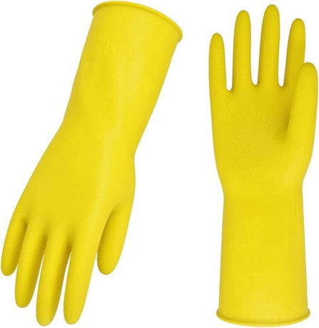 Yellow Rubber Cleaning Gloves 3 Pairs Size L, Waterproof Reusable with Non-Slip Granulated Palm, Soft Cotton Velvet Lining for Kitchen Bathroom and Car Washing