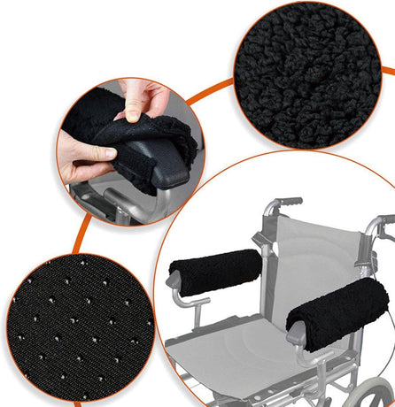 Black Memory Foam Wheelchair Armrest Cushion Covers 2 Pack, Synthetic Sheepskin Pressure Relief for Seniors Adults, Compatible with Standard Wheelchairs and Office Chairs