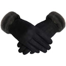 Women's Elegant Faux Suede Winter Gloves with Cozy Fleece Lining and Faux Fur Cuff, Touchscreen Compatible Right Index Finger, Available in 9 Attractive Colors