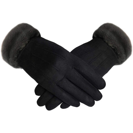 Women's Elegant Faux Suede Winter Gloves with Cozy Fleece Lining and Faux Fur Cuff, Touchscreen Compatible Right Index Finger, Available in 9 Attractive Colors