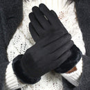 Women's Elegant Faux Suede Winter Gloves with Cozy Fleece Lining and Faux Fur Cuff, Touchscreen Compatible Right Index Finger, Available in 9 Attractive Colors