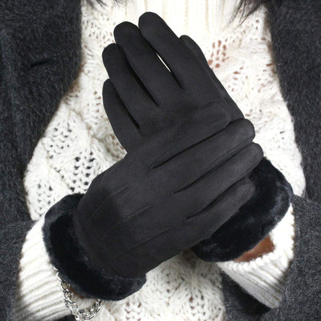 Women's Elegant Faux Suede Winter Gloves with Cozy Fleece Lining and Faux Fur Cuff, Touchscreen Compatible Right Index Finger, Available in 9 Attractive Colors