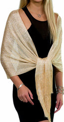 Gold European Style Silk Scarf Tassel Shawl for Women 50x164 cm, Lightweight with Silver Glitter Thread, Perfect for Evening Parties and Formal Events