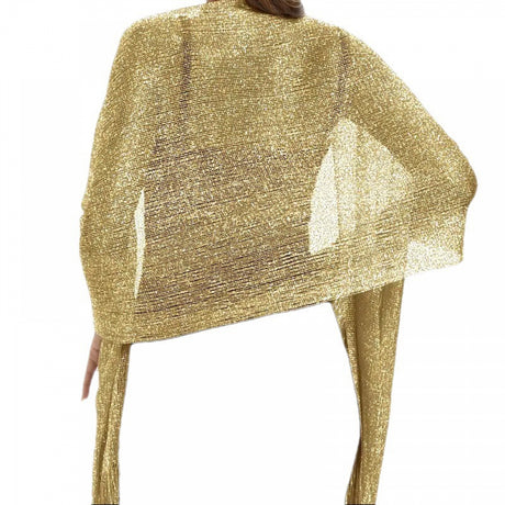 Gold European Style Silk Scarf Tassel Shawl for Women 50x164 cm, Lightweight with Silver Glitter Thread, Perfect for Evening Parties and Formal Events