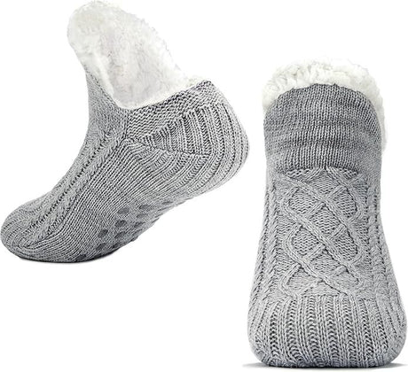 Gray Warm Non-Slip Knitted Thick Lined Cozy Winter Slippers for Women and Men, One Size Fits Most with Silicone Grips, Perfect for Home and Indoor Use