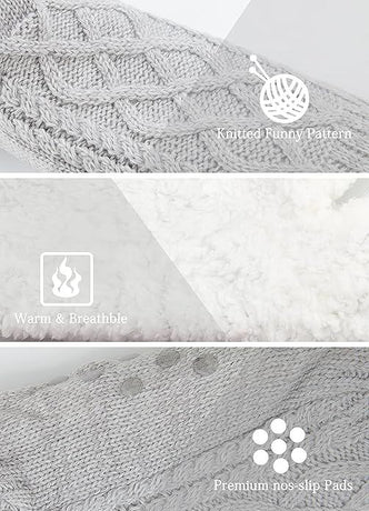 Gray Warm Non-Slip Knitted Thick Lined Cozy Winter Slippers for Women and Men, One Size Fits Most with Silicone Grips, Perfect for Home and Indoor Use