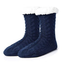 Blue Furry Warm Knitted Slipper Socks with Non-Slip Sole, Ultra-Soft Fleece Lining Cable Knit Design, One Size Fits Most EU 35-43 for Cozy Indoor Wear