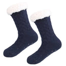 Blue Furry Warm Knitted Slipper Socks with Non-Slip Sole, Ultra-Soft Fleece Lining Cable Knit Design, One Size Fits Most EU 35-43 for Cozy Indoor Wear