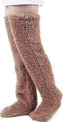 Brown Over Knee High Fuzzy Plush Teddy Slipper Socks for Women, Open Toe Non-Slip Design, Extra Long 55 cm for Warmth Indoors and Outdoors