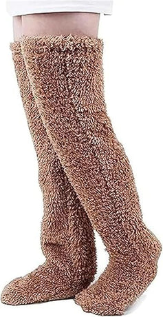 Brown Over Knee High Fuzzy Plush Teddy Slipper Socks for Women, Open Toe Non-Slip Design, Extra Long 55 cm for Warmth Indoors and Outdoors