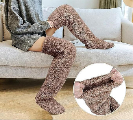 Brown Over Knee High Fuzzy Plush Teddy Slipper Socks for Women, Open Toe Non-Slip Design, Extra Long 55 cm for Warmth Indoors and Outdoors