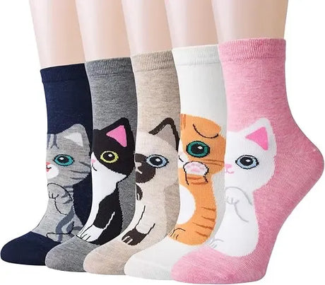 Women's Cute Animal Socks Pack 5 Pairs, Cat Dog Owl Designs in Bright Colors, Soft Breathable Cotton Blend for UK 6-8, Perfect Fun Gift for Christmas