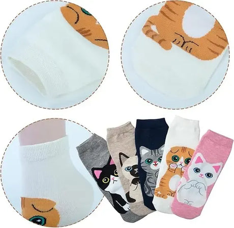 Women's Cute Animal Socks Pack 5 Pairs, Cat Dog Owl Designs in Bright Colors, Soft Breathable Cotton Blend for UK 6-8, Perfect Fun Gift for Christmas