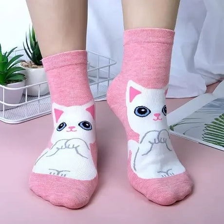 Women's Cute Animal Socks Pack 5 Pairs, Cat Dog Owl Designs in Bright Colors, Soft Breathable Cotton Blend for UK 6-8, Perfect Fun Gift for Christmas