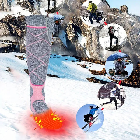 Pink USB Rechargeable Electric Heated Socks for Winter Skiing, Full Foot Heating with Carbon Fiber Wire, Machine Washable with Battery Pocket for Cold Weather