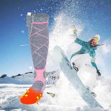 Pink USB Rechargeable Electric Heated Socks for Winter Skiing, Full Foot Heating with Carbon Fiber Wire, Machine Washable with Battery Pocket for Cold Weather