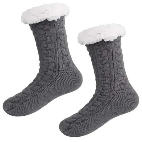 Grey Furry Warm Knitted Slipper Socks with Non-Slip Sole, Ultra-Soft Fleece Lining Cable Knit Design, One Size Fits Most EU 35-43 for Indoor Comfort
