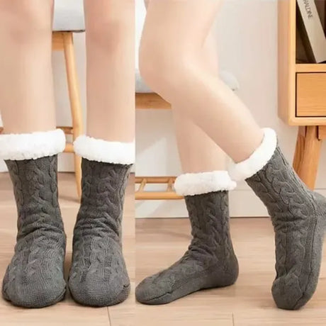 Grey Furry Warm Knitted Slipper Socks with Non-Slip Sole, Ultra-Soft Fleece Lining Cable Knit Design, One Size Fits Most EU 35-43 for Indoor Comfort