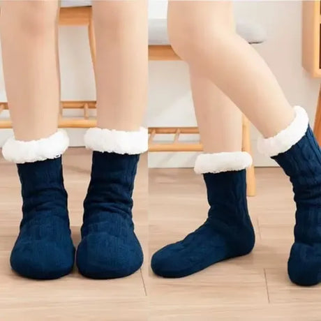 Blue Furry Warm Knitted Slipper Socks with Non-Slip Sole, Ultra-Soft Fleece Lining Cable Knit Design, One Size Fits Most EU 35-43 for Home and Office Use