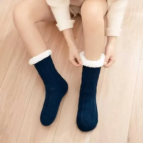 Blue Furry Warm Knitted Slipper Socks with Non-Slip Sole, Ultra-Soft Fleece Lining Cable Knit Design, One Size Fits Most EU 35-43 for Home and Office Use