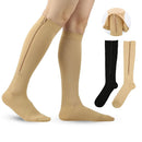 Skin Color Zipper Compression Socks 2 Pairs for Men Women, Easy On-Off Medical Stocking with Skin Protection Zipper, Closed Toe S/M for Varicose Veins