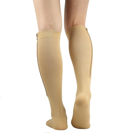 Skin Color Zipper Compression Socks 2 Pairs for Men Women, Easy On-Off Medical Stocking with Skin Protection Zipper, Closed Toe S/M for Varicose Veins