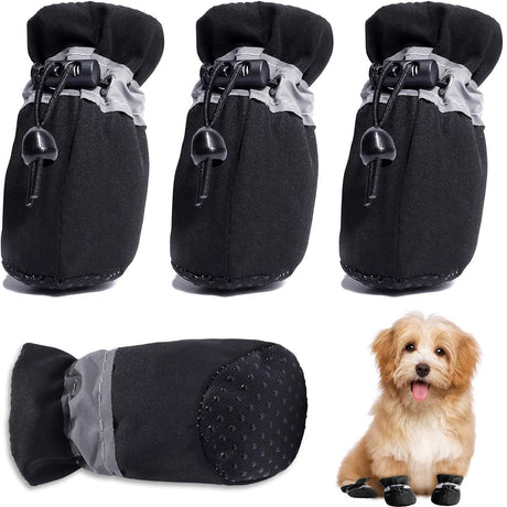 Black Dog Boots Paw Protectors with Reflective Straps, Non-Slip Nylon Cotton Shoes 4 Pieces for Small Medium Dogs, Adjustable Sizes 4-7 for Outdoor Walking