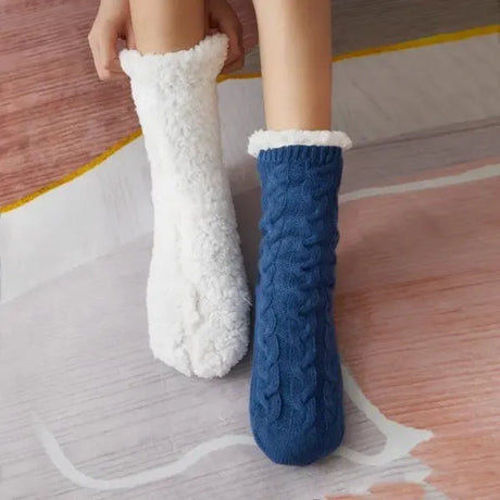 Blue Warm Knitted Non-Slip Thick Winter Socks with Cozy Inner Lining, One Size Fits Most, Breathable Cotton Blend for Indoor Home Office Use
