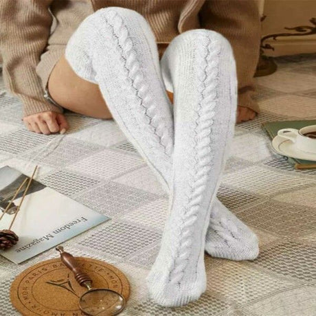 White Warm Knitted Knee High and Thigh High Socks, Super Soft Wool Blend 75 cm Length, Machine Washable Perfect for Autumn Winter with Skirts and Dresses