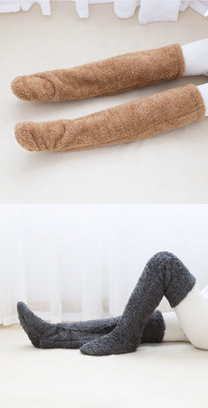 Navy Grey Over Knee High Fuzzy Plush Teddy Slipper Socks for Women, Open Toe Non-Slip Extra Long 55 cm for Warmth Indoors Outdoors, Perfect Gift for Christmas