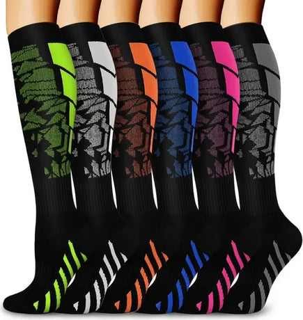 Unisex Knee-High Compression Socks 6 Pairs for Running Sports Travel Flying Cycling, 360-Degree Stretch Breathable L/XL with Upgraded Nylon for Muscle Support