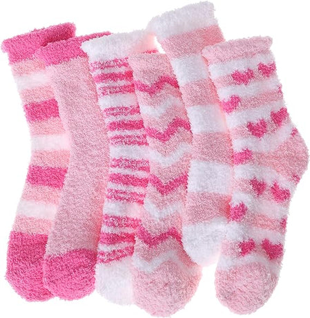 Pink Thick Plush Winter Socks 6 Pairs for Women, Cozy Fuzzy Warm Lining Soft Breathable Fit US 5-10, Perfect for Slipper Christmas and Outdoor Wear