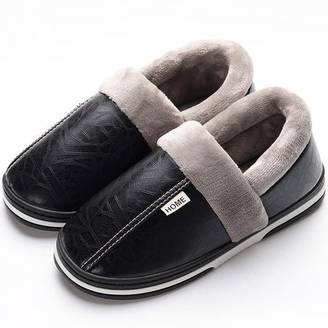 Black Faux Fur Warm Waterproof Indoor Flat Slippers for Men, Non-Slip Rubber Sole, Size 50-51 for Large Feet, Cozy Bedroom Shoes for Winter