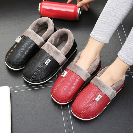 Black Faux Fur Warm Waterproof Indoor Flat Slippers for Men, Non-Slip Rubber Sole, Size 50-51 for Large Feet, Cozy Bedroom Shoes for Winter