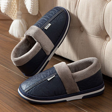 Black Faux Fur Warm Waterproof Indoor Flat Slippers for Men, Non-Slip Rubber Sole, Size 50-51 for Large Feet, Cozy Bedroom Shoes for Winter