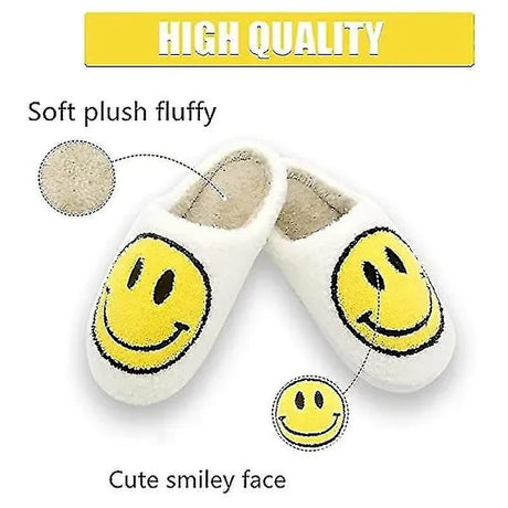 Blue Smiley Face Slippers for Women, Cute Emoji Design with Non-Slip TPR Rubber Sole, Soft Faux Fur Thick Fleece Lining for Warmth Size 38-39