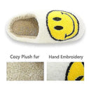 Blue Smiley Face Slippers for Women, Cute Emoji Design with Non-Slip TPR Rubber Sole, Soft Faux Fur Thick Fleece Lining for Warmth Size 38-39