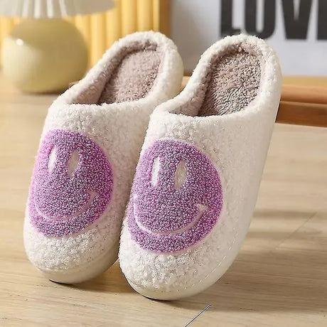 Purple Smiley Face Slippers for Women, Cute Emoji Design with Non-Slip TPR Rubber Sole, Soft Faux Fur Thick Fleece Lining for Cozy Warmth Size 42-43