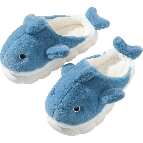 Blue Cartoon Shark Plush Slippers for Men Women, Winter Indoor Warm Cotton Slippers with Soft Comfortable Thick Soles, Non-Slip Durable PVC Size 42-43