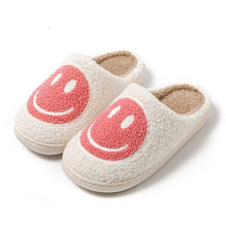 Pink Smiley Face Slippers for Women, Cute Emoji Design with Non-Slip TPR Rubber Sole, Soft Faux Fur Thick Fleece Lining for Warmth Size 38-39
