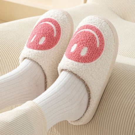 Pink Smiley Face Slippers for Women, Cute Emoji Design with Non-Slip TPR Rubber Sole, Soft Faux Fur Thick Fleece Lining for Warmth Size 38-39