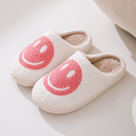 Pink Smiley Face Slippers for Women, Cute Emoji Design with Non-Slip TPR Rubber Sole, Soft Faux Fur Thick Fleece Lining for Warmth Size 38-39