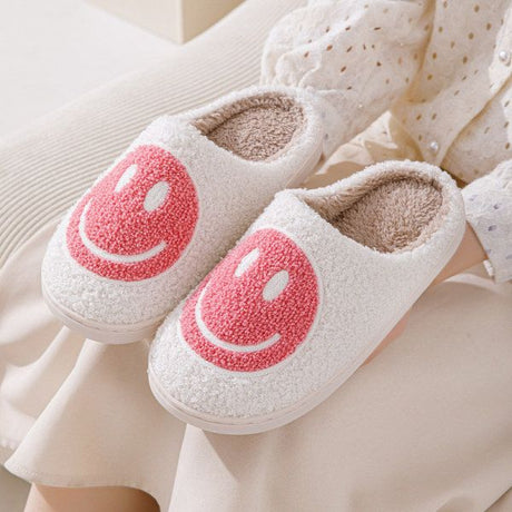 Pink Smiley Face Slippers for Women, Cute Emoji Design with Non-Slip TPR Rubber Sole, Soft Faux Fur Thick Fleece Lining for Warmth Size 38-39